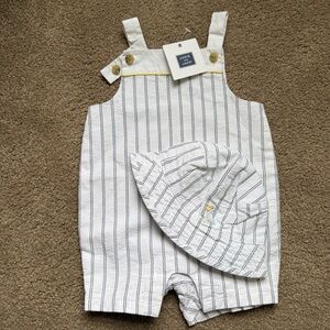 Janie and Jack Seagull White with Grey Pinstripe Romper and Matching Sun Hat